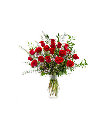 18 Roses in Glass Vase with Eucalyptus 