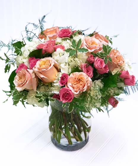White Hydrangea, Pink Roses - Glass Vase