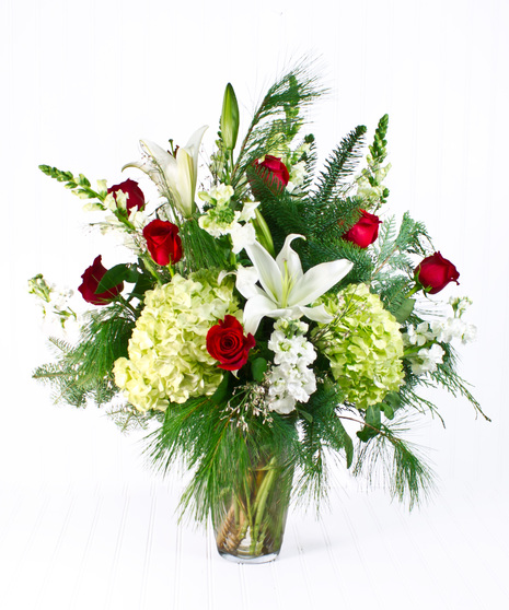 Red Roses, White Lilies, Green Hydrangea in Large Glass Vase