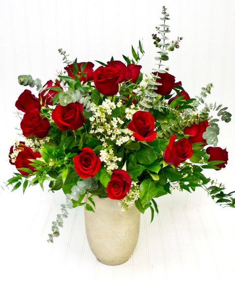 24 Roses & Eucalyptus in Glass Vase