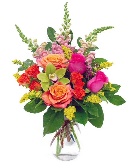 Pink, Purple, Red Roses & Lisianthus is Clear Glass Cylinder