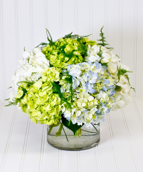 Blue, Green, White Hydrangea in Glass Cylinder