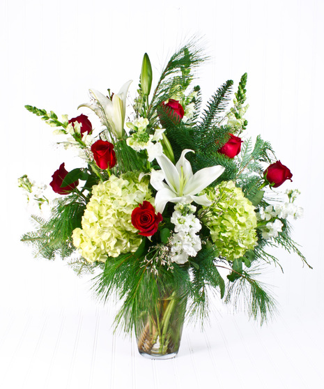 Red Roses, White Lilies, Green Hydrangea in Large Glass Vase