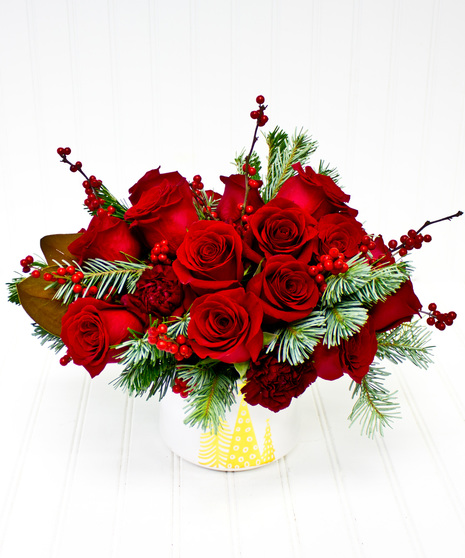 White Ceramic with 18 Red Roses & Christmas Greens
