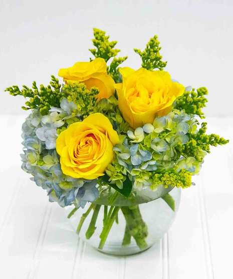 Yellow Roses, Blue Hydrangea in Bubble Bowl