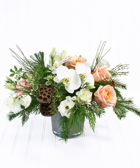 Roses, Orchids, Lisianthus - Peach & White - Grey Clylinder